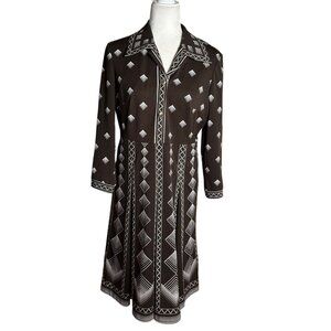 Vintage 70 Geometric Long Sleeve Collared Dress Medium Brown Pleated Zipper